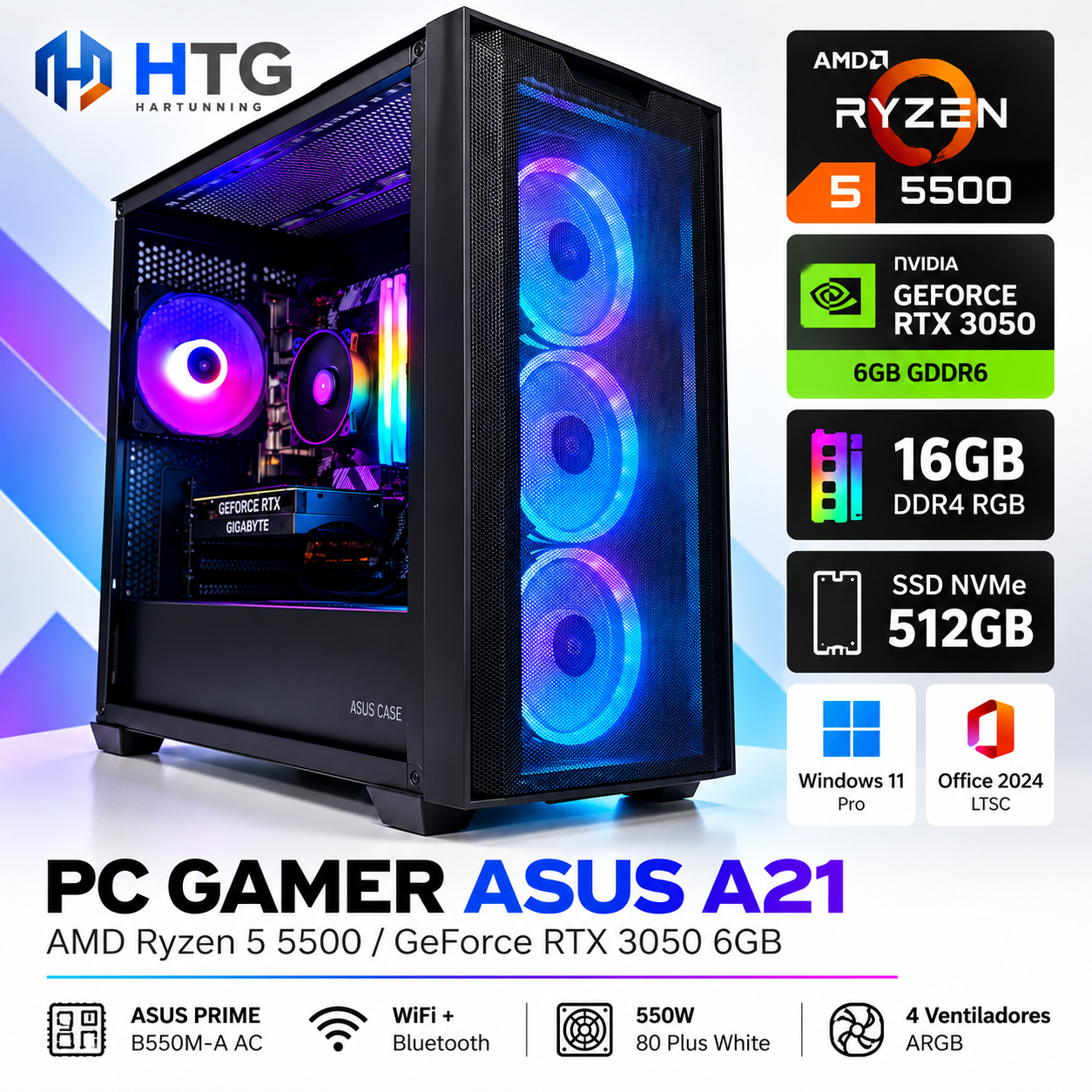 PC Gamer ASUS A21 con RGB PC GAMER Computadora A21 - AMD Ryzen 5 5500, NVIDIA RTX 3050, Tarjeta Madre B550M-A AC, RAM DDR4 3200Mhz 16GB (2X8GB), SSD NVME 512GB, 550W 80 Plus White, 4 Ventiladores Inc, Wifi, Bluetooth, Licencia Windows 11/Office2024 - Imagen 1